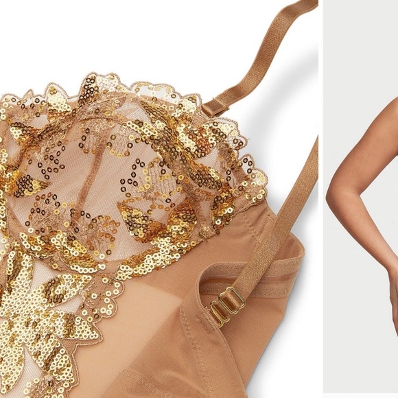 Victorias Secret Gold Sequined Ziggy Glam Floral Embroidery  Corset 38C nwt - Picture 2 of 5